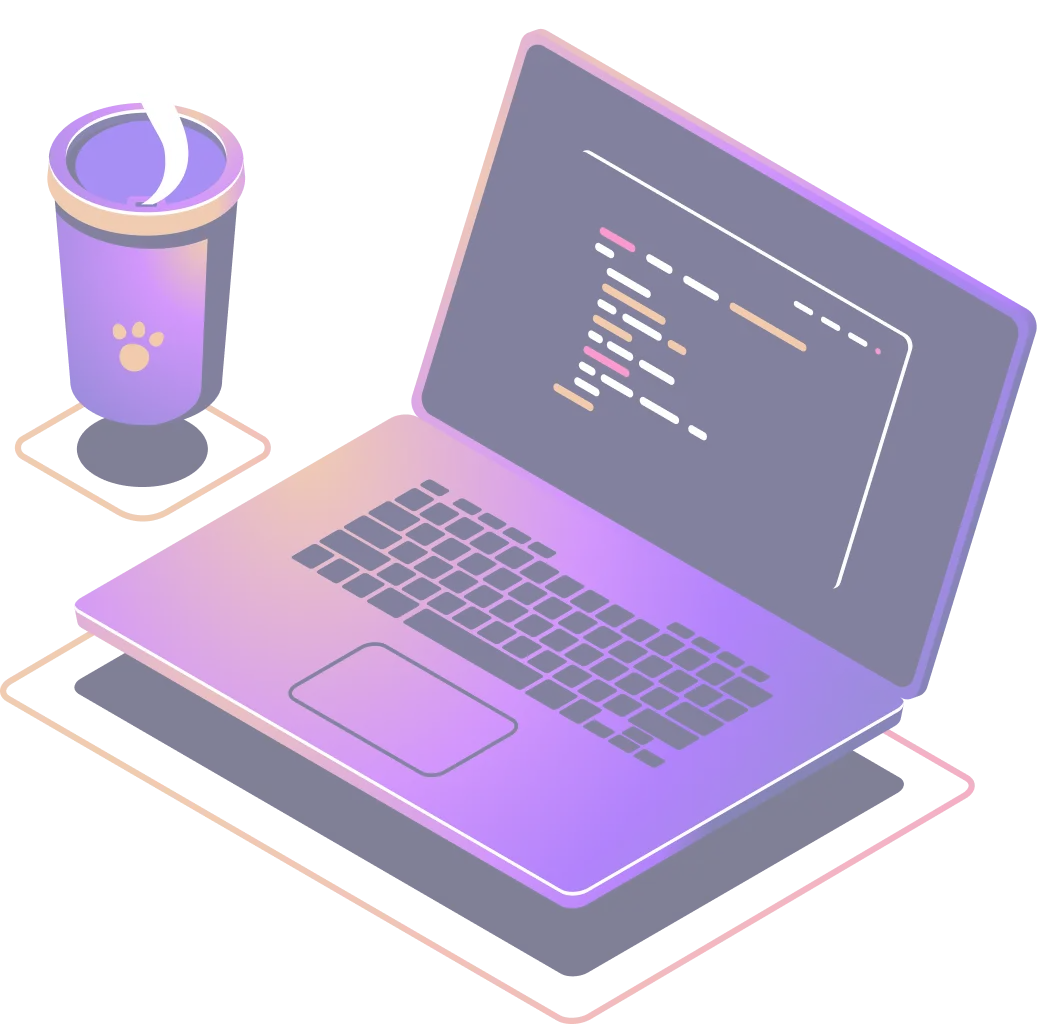 An illustration of laptop with some colored code on screen and a cup of coffee next to it